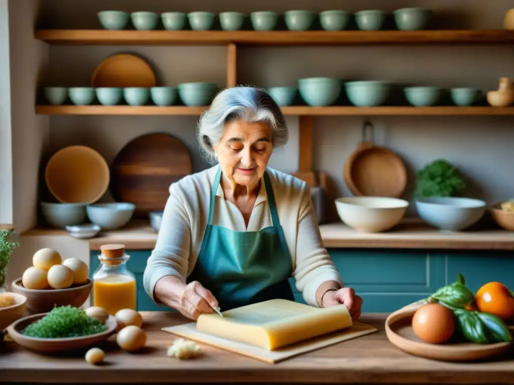 Una abuela italiana en su acogedora cocina, rodeada de libros de recetas tradicionales regionales de Italia, preparando masa de pasta casera