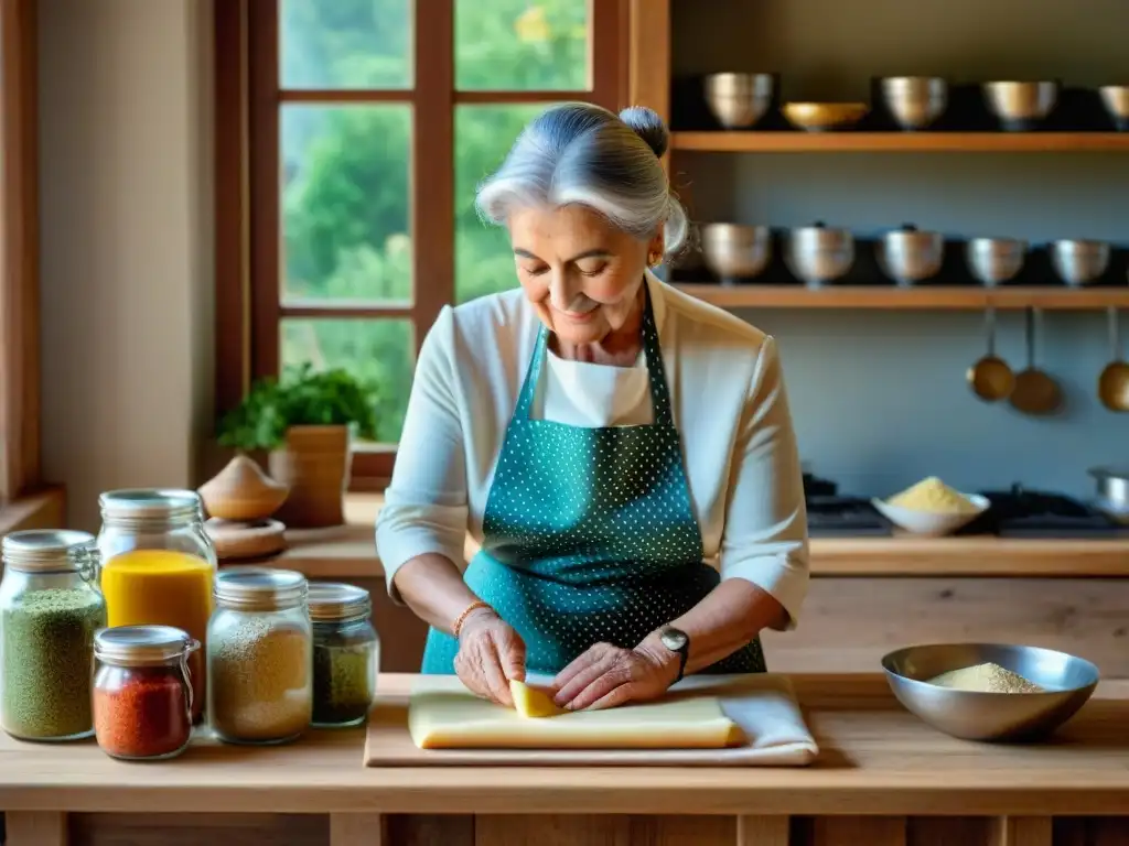 Una abuela italiana, con el cabello plateado recogido en un moño, prepara pasta casera en una cocina rústica