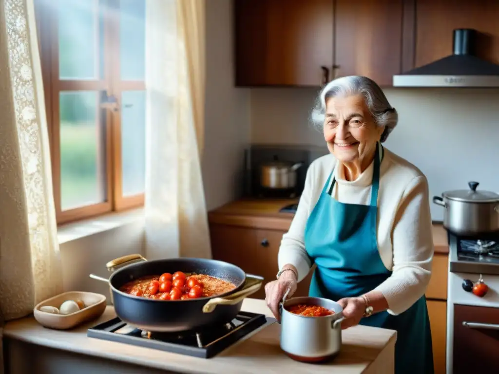 Abuela italiana en cocina acogedora, preservando recetas familiares con apps y tradición