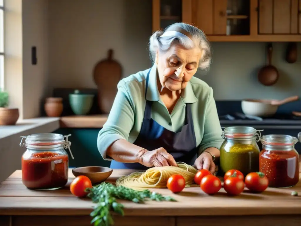 Abuela italiana en cocina acogedora, preparando pasta casera entre frascos de salsa de tomate y hierbas frescas