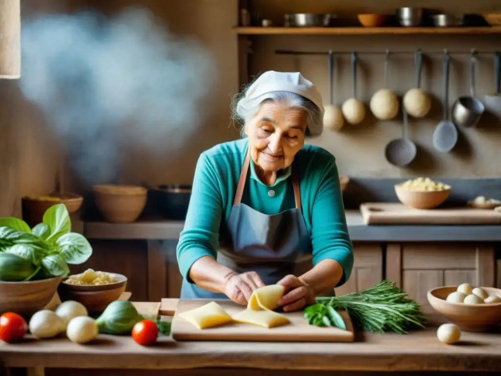 Una abuela italiana en su cocina rústica del norte, rodeada de productos frescos del mercado local, preparando pasta casera