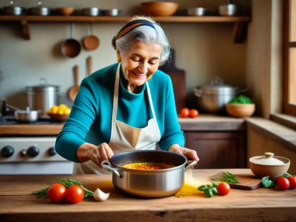 Una abuela italiana en su cocina rústica añadiendo vinagre a su receta tradicional, reflejando los beneficios del vinagre en cocina italiana