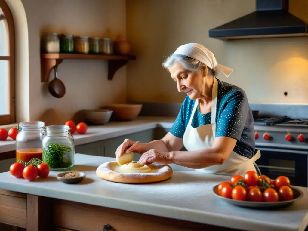 Una abuela italiana en una cocina rústica amasa masa para pizza napolitana