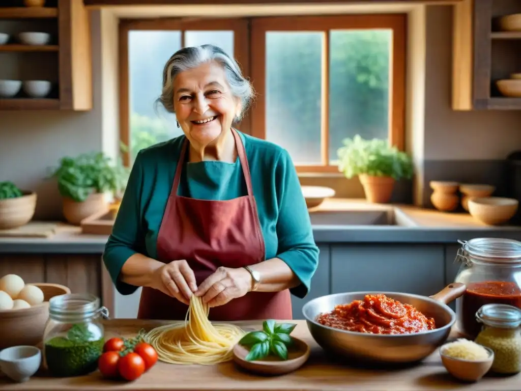 Una abuela italiana en una cocina rústica del Sur de Italia, rodeada de tomate casero y albahaca fresca, cocinando pasta con amor