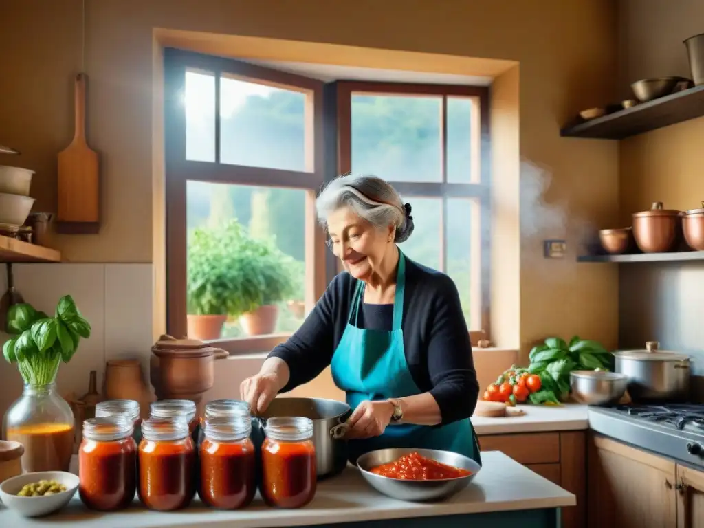 Una abuela italiana en su cocina tradicional, preparando salsa de tomate casera en una olla vintage