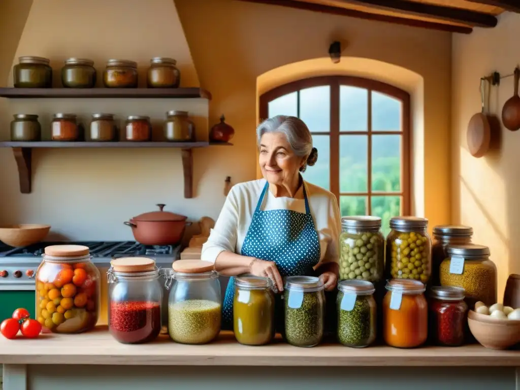 Una abuela italiana en su cocina tradicional rodeada de alimentos fermentados, creando una atmósfera acogedora de fermentación en la cocina italiana