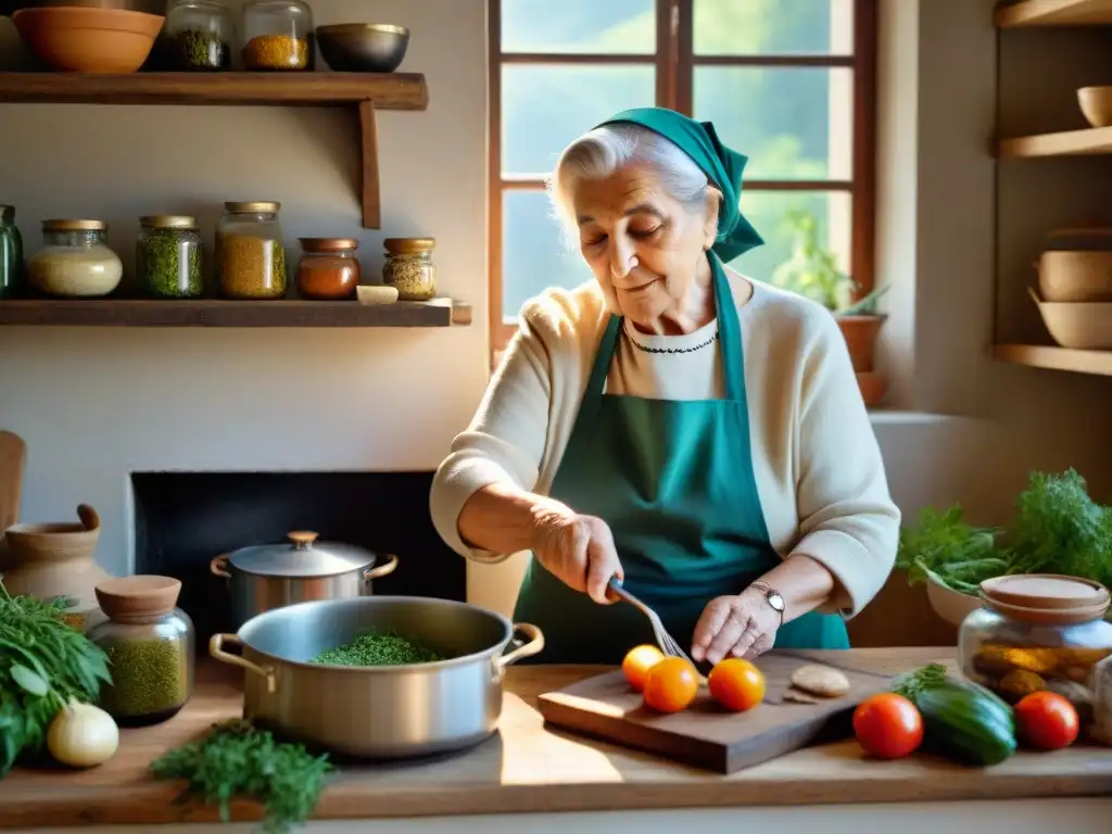 Una abuela italiana en su cocina tradicional, transmitiendo los Secretos de la cocina italiana con sabiduría generacional