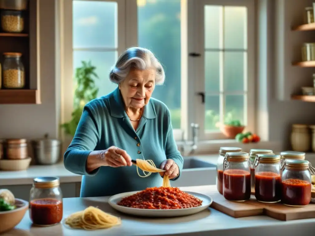 Abuela italiana enseña a nieta receta familiar en cocina acogedora