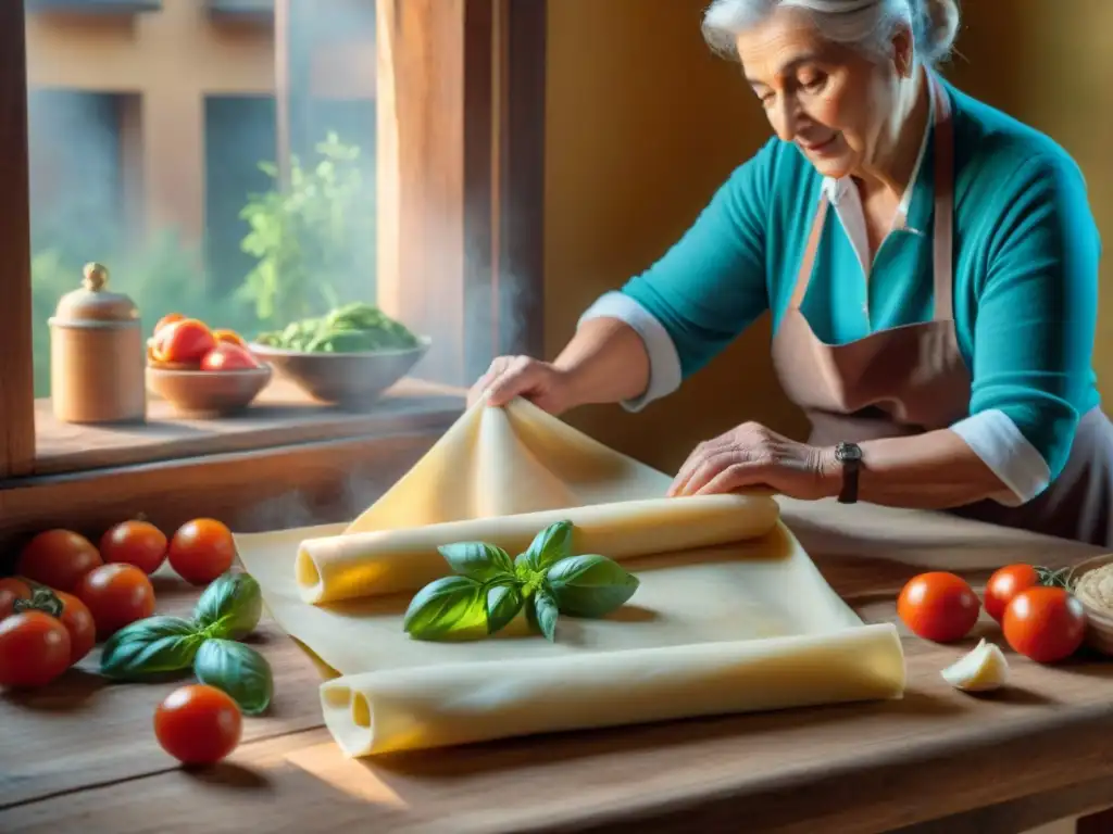 Una abuela italiana experta en cocina tradicional, amasa pasta rodeada de ingredientes frescos