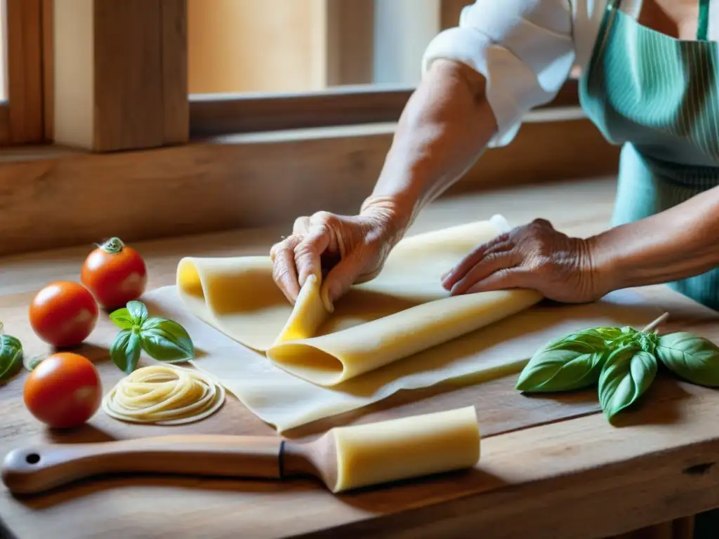 Una abuela italiana experta en cocina tradicional amasando pasta fresca en una mesa rústica, rodeada de ingredientes clásicos