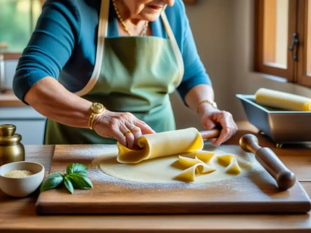 La abuela italiana experta en cocina elabora pasta fresca con utensilios de cocina italianos recomendados, bañada por la luz del sol