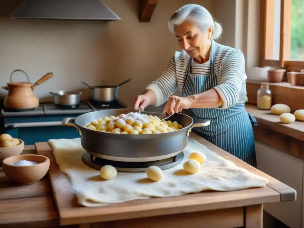 Una abuela italiana experta moldea gnocchi caseros de patata en una cocina rústica y acogedora