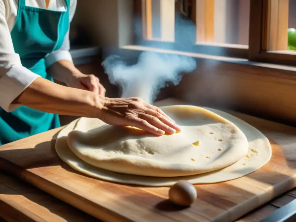 Una abuela italiana experta moldeando una masa de piadina en una cocina acogedora