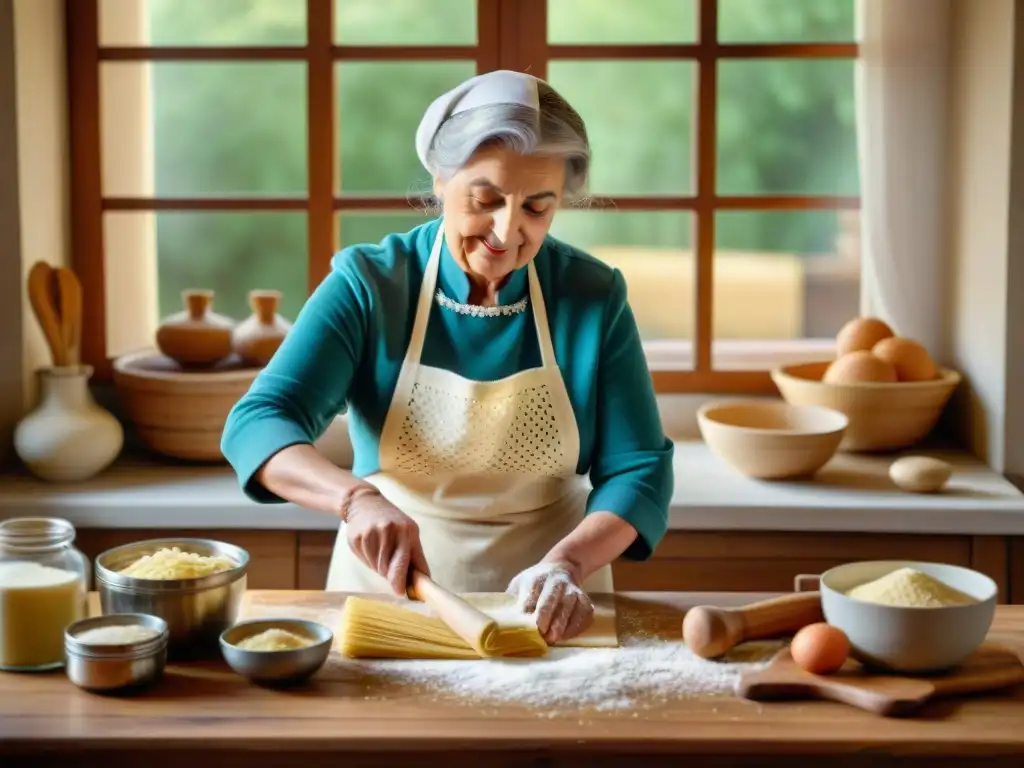 Una abuela italiana experta en pasta casera, transmitiendo la tradición culinaria