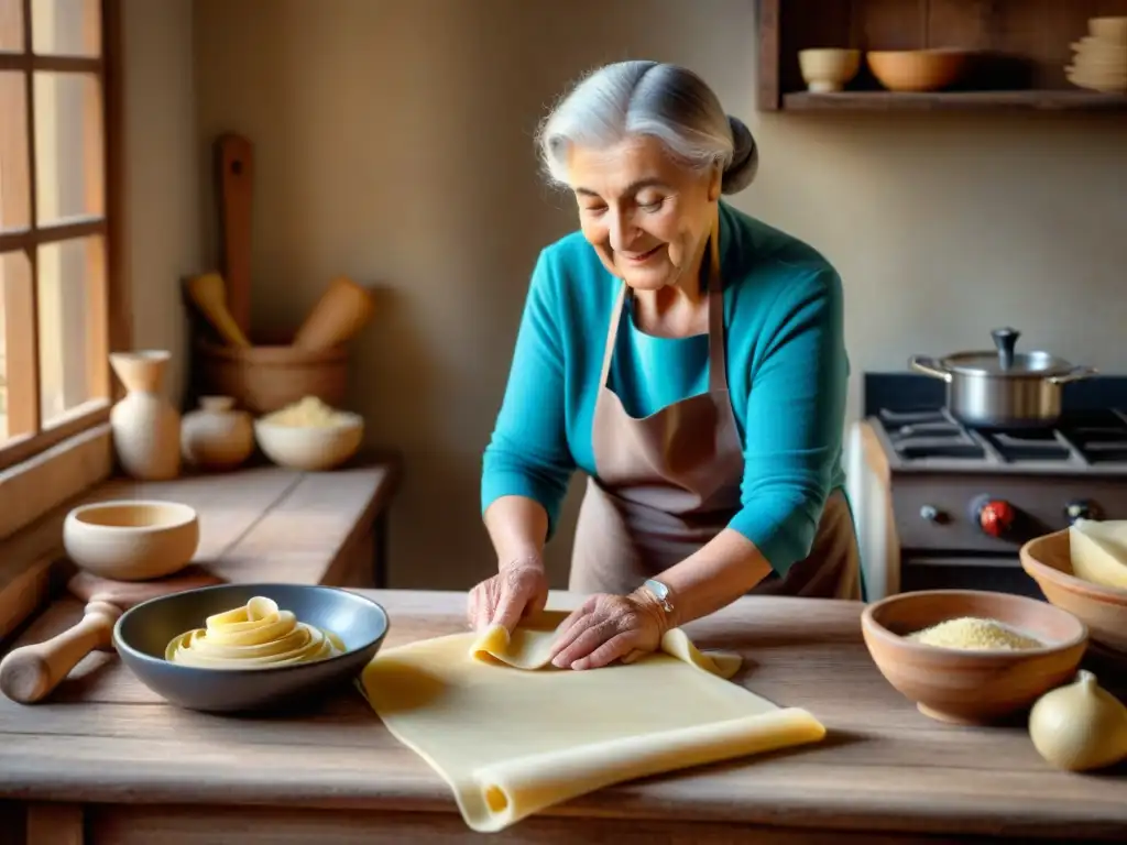 Una abuela italiana experta en pasta fresca, comparte su sabiduría con su familiar en una cocina acogedora llena de aromas, con luz natural