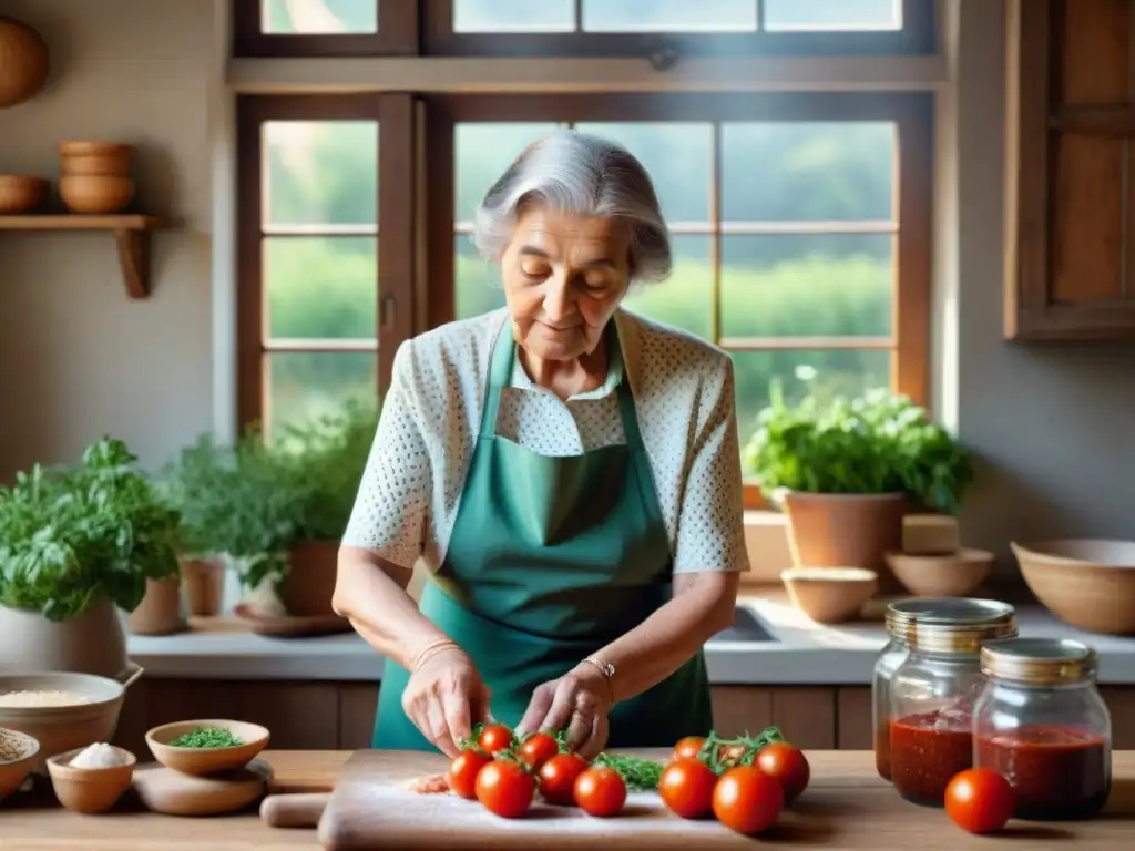 Una abuela italiana amasa masa con amor en cocina rústica