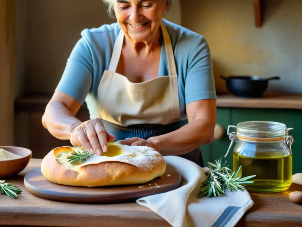 Una abuela italiana amasando masa de Focaccia Barese en una mesa rústica, con aceite de oliva y romero, evocando la tradición culinaria de Apulia