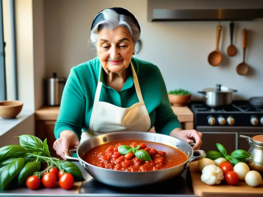 La abuela italiana prepara la mejor salsa marinara en su acogedora cocina