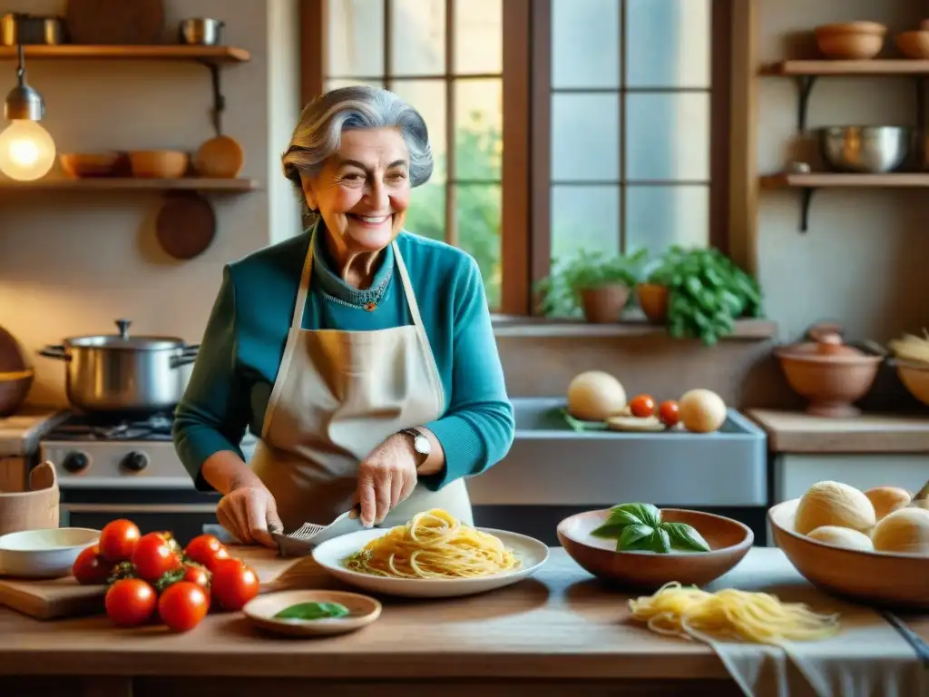 Una abuela italiana cocinando con pasión en una cocina rústica, rodeada de ingredientes tradicionales