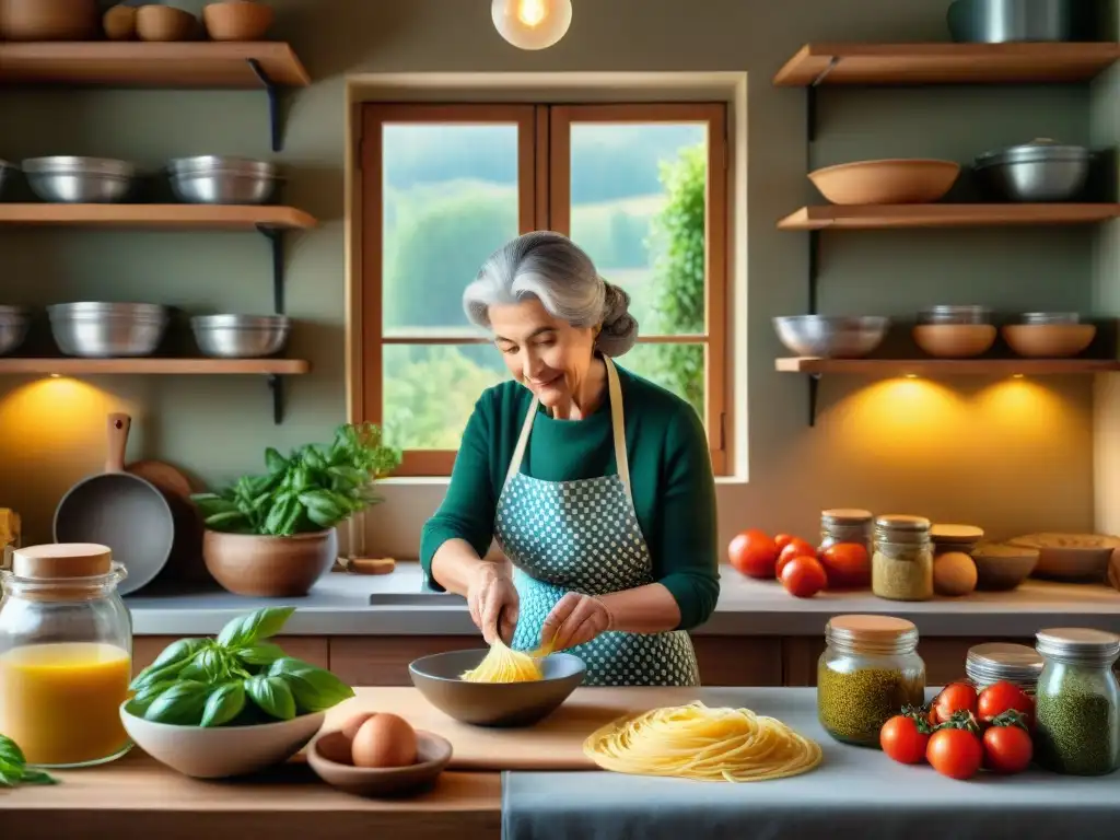 Una abuela italiana elabora pasta casera en una cocina rústica, iluminada por cálida luz solar