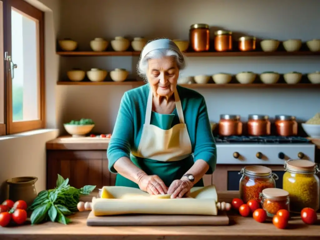 Una abuela italiana preparando pasta casera en una cocina rústica con ingredientes tradicionales