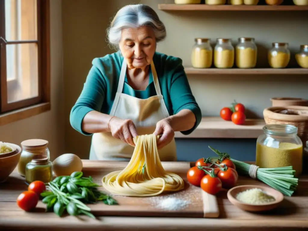 Abuela italiana preparando pasta casera en cocina rústica con comida italiana tradicional recetas