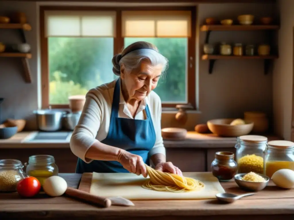 Abuela italiana preparando pasta en cocina acogedora, preservando recetas familiares italianas con apps