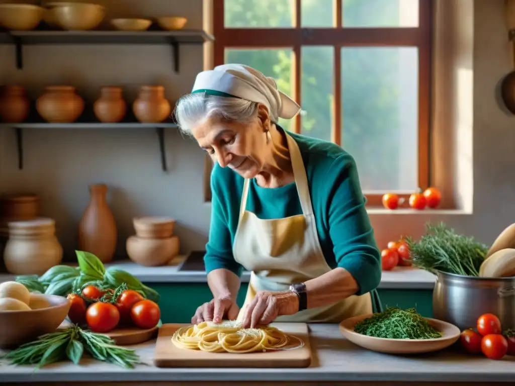 Una abuela italiana amasando pasta en una cocina rústica llena de utensilios tradicionales