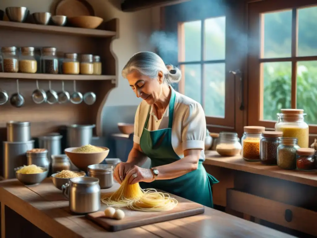 Una abuela italiana amasando pasta fresca en una cocina tradicional, con estanterías llenas de especias y productos frescos