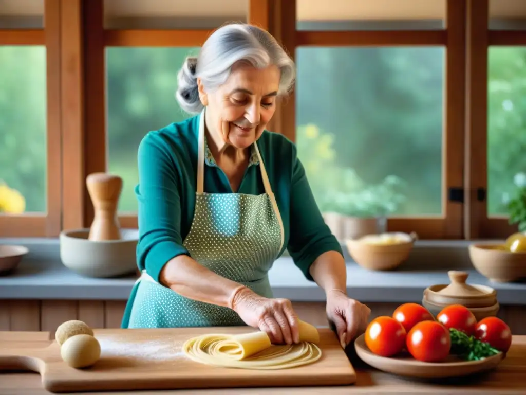 Una abuela italiana preparando pasta fresca en una cocina rústica con ingredientes tradicionales