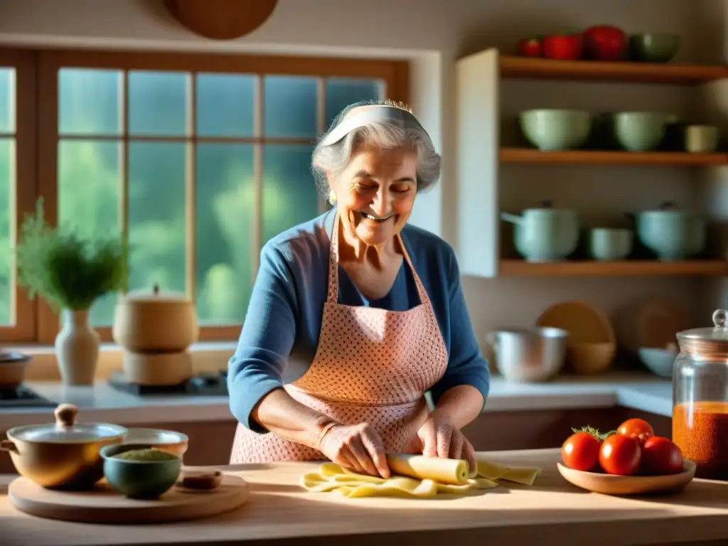 Abuela italiana preparando pasta fresca en cocina tradicional con recetas familiares