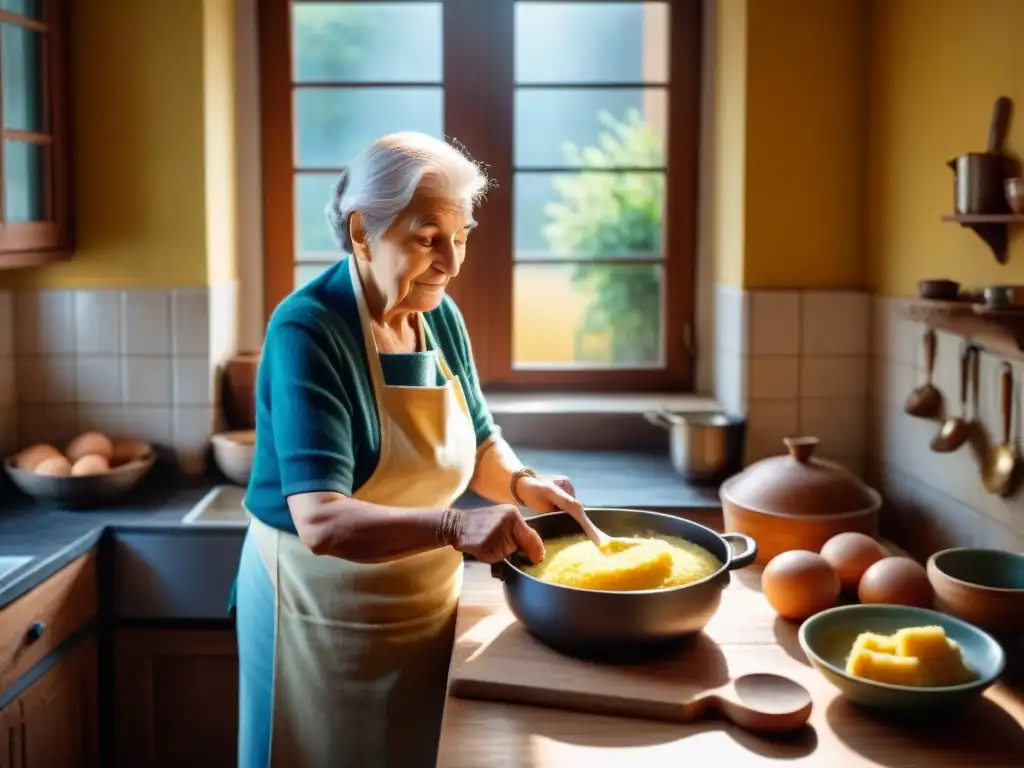 Abuela italiana removiendo polenta en cocina tradicional, evocando historia y calidez