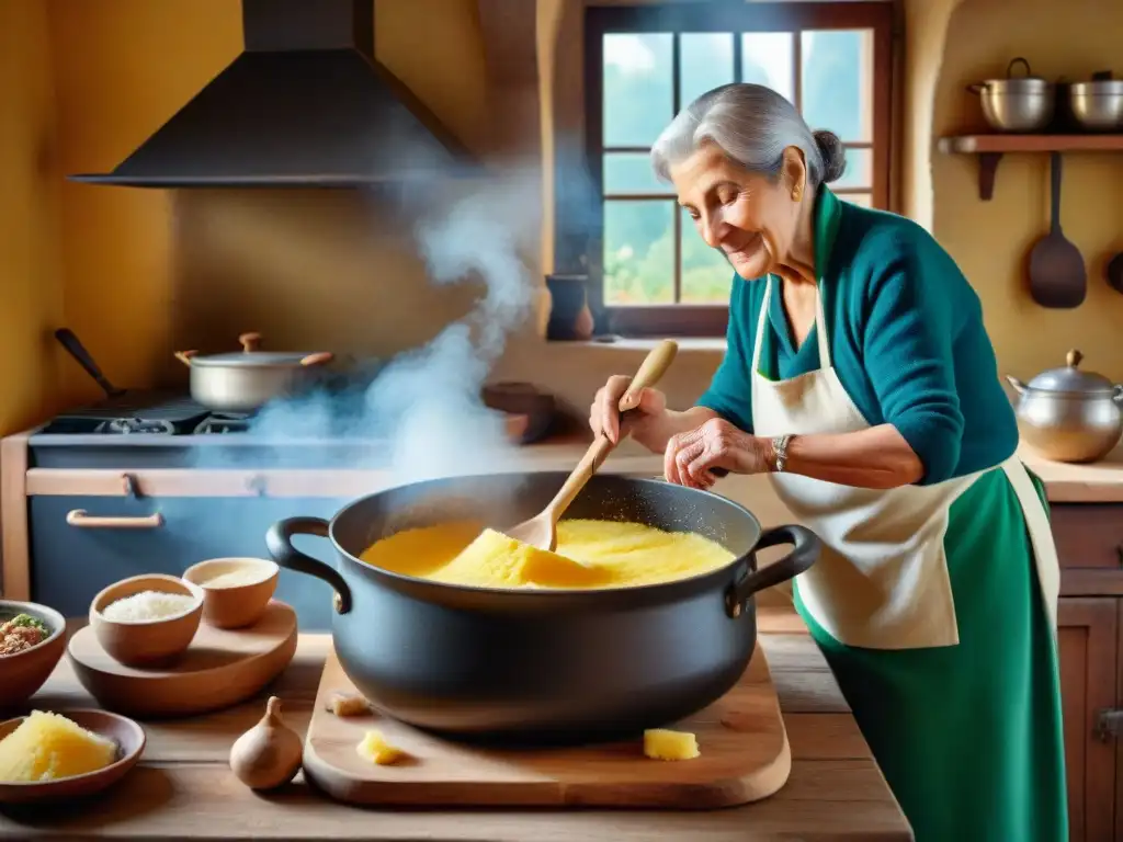 Una abuela italiana remueve polenta en una cocina rústica, desprendiendo sabiduría culinaria y tradición