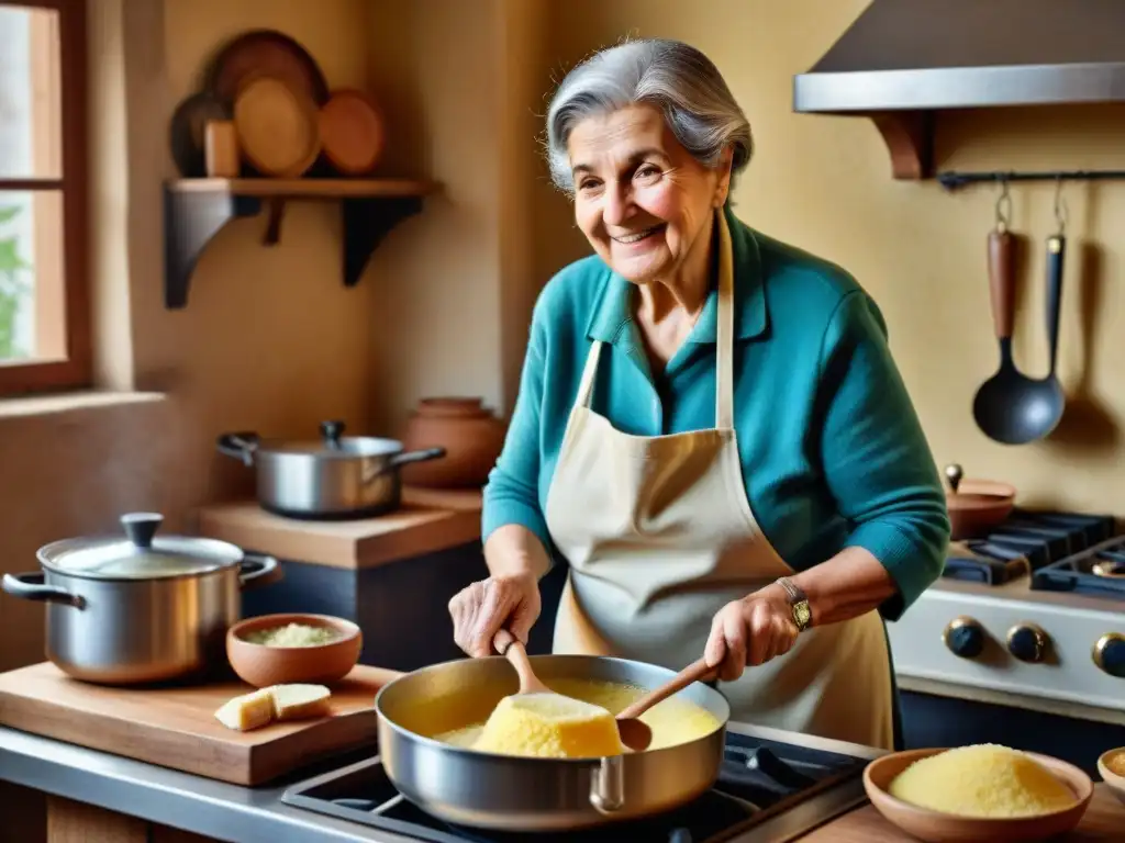 Una abuela italiana remueve polenta en una cocina acogedora