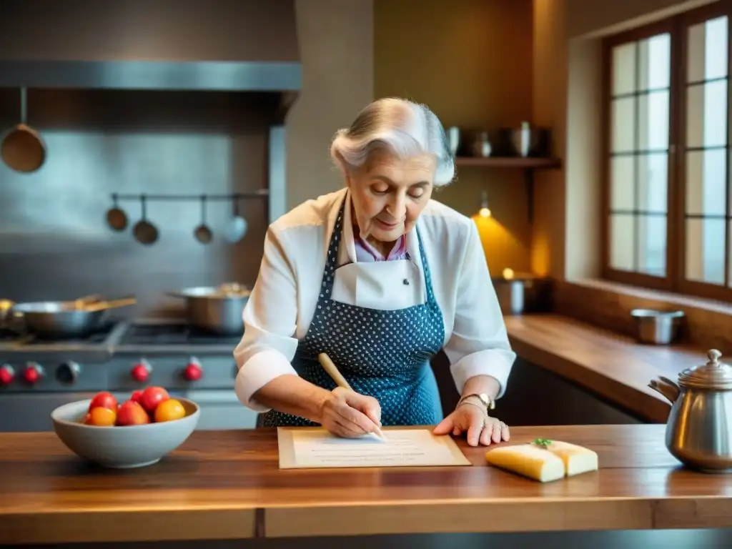 Una abuela italiana entrega una receta a un chef en cocina moderna