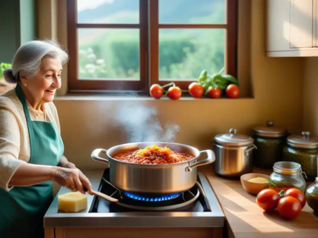 Abuela italiana cocinando salsa marinara en una cocina hogareña, transmitiendo el sabor de recetas italianas con sabor tradicional