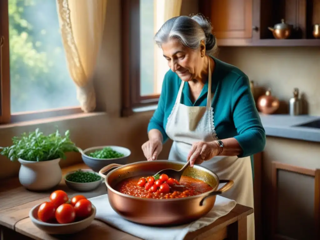 Una abuela italiana preparando salsa de tomate desde cero en una cocina acogedora, representando la esencia de la cocina italiana y Slow Food Italia