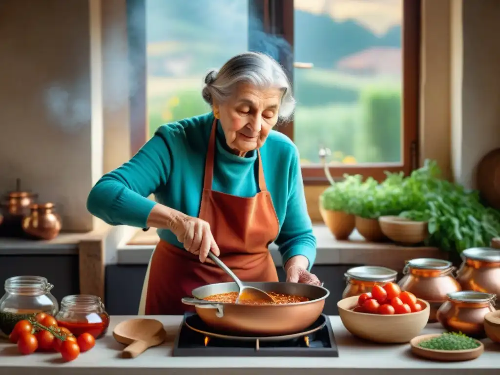 Una abuela italiana remueve salsa de tomate en una cocina rústica llena de utensilios, reflejando el amor de la 'Cocina de la Abuela'