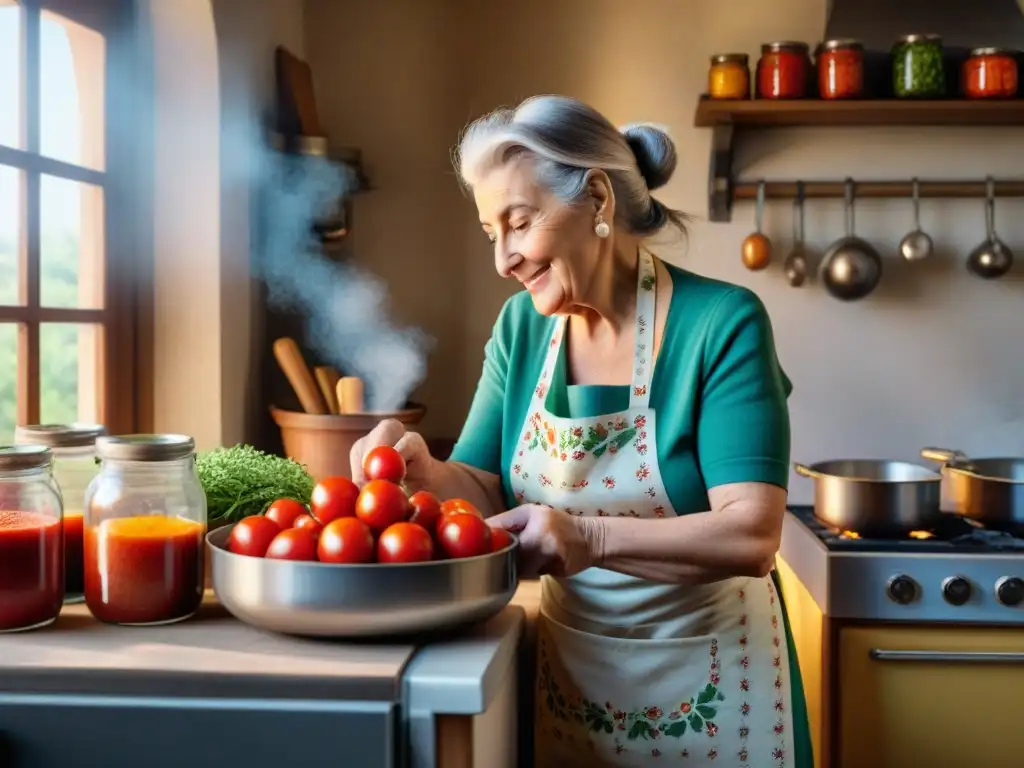 Una abuela italiana inspecciona su salsa de tomate casera en una cocina llena de fermentos coloridos