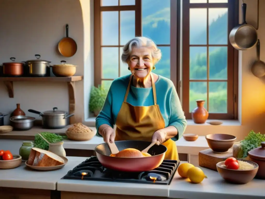 Una abuela italiana sonriente cocina en una cocina rústica llena de ingredientes coloridos y libros sobre evolución cocina italiana