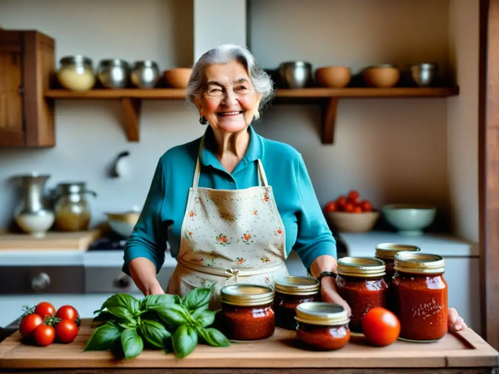 Abuela italiana sonriente en cocina rústica con recetas tradicionales cocina italiana