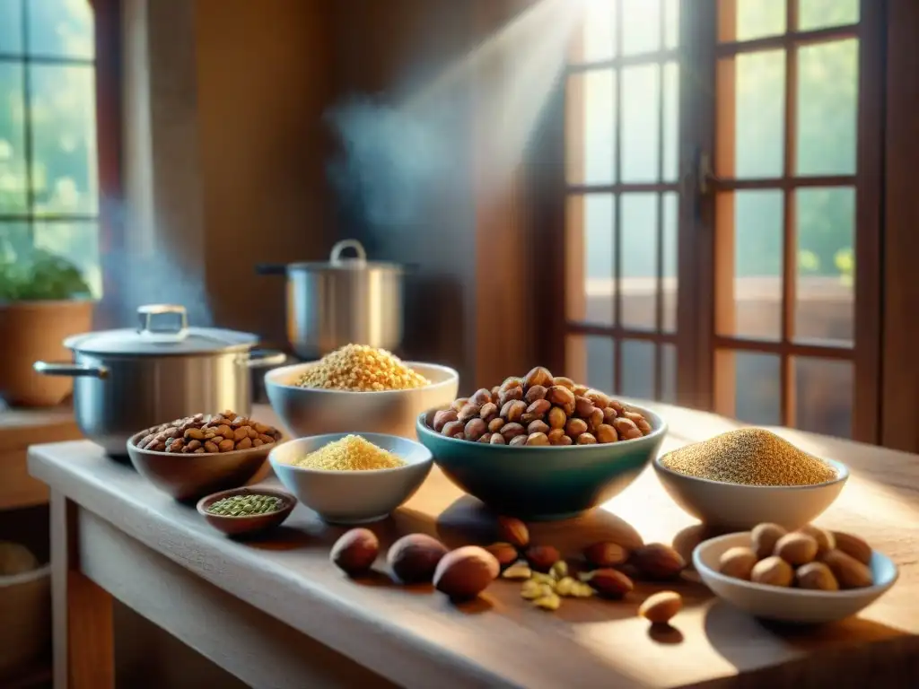 Nonna italiana moler frutos secos en cocina tradicional Una abuela italiana sonriente muele frutos secos en una cocina tradicional con ingredientes variados en cuencos de madera