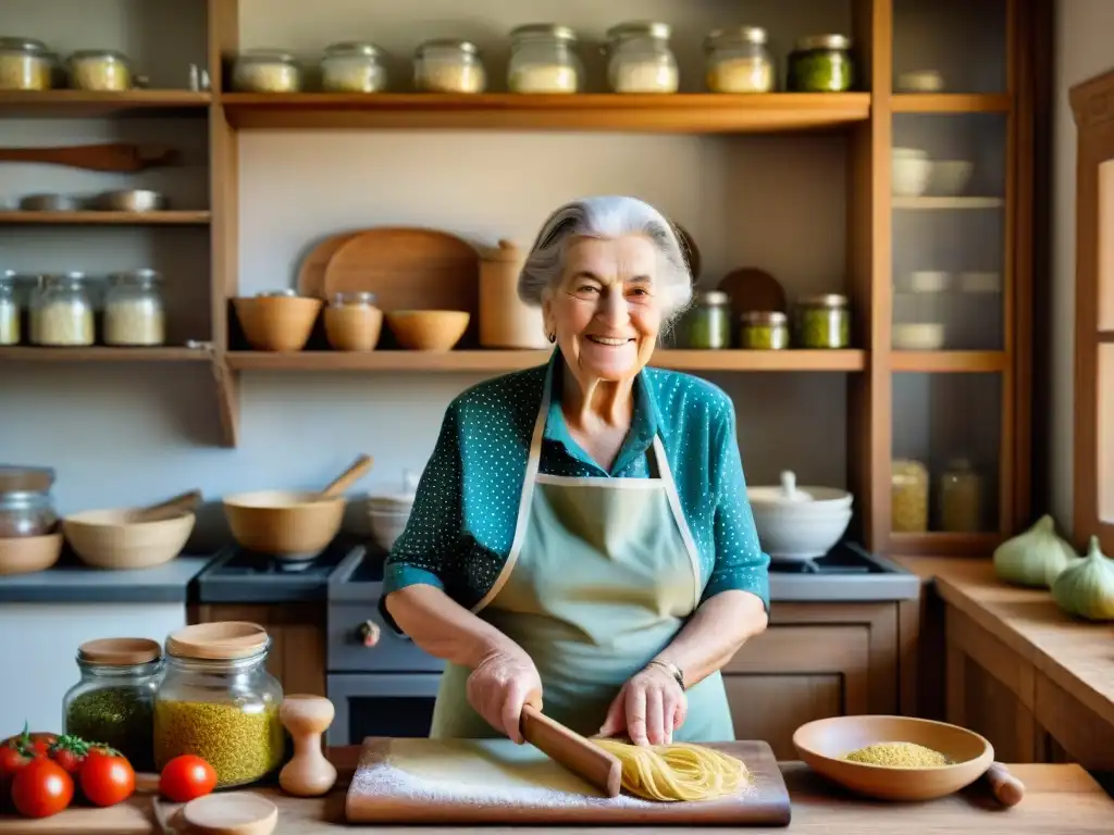 Una abuela italiana sonriente amasando pasta fresca en una cocina rústica llena de utensilios tradicionales