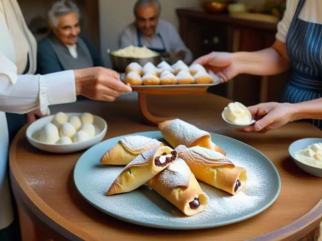 Una abuela sonriente enseña a sus nietos a hacer cannoli sicilianos en una mesa de madera