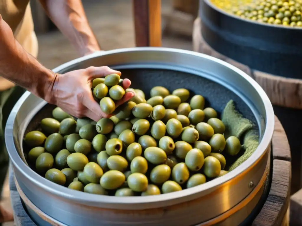 Extracción de aceite de oliva: Detalle de una aceituna verde madura siendo prensada entre dos ruedas de piedra en un molino tradicional