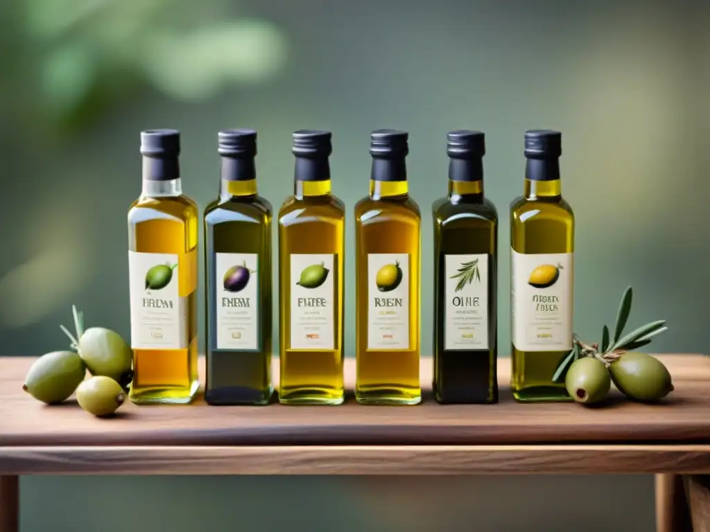 Degustación de aceite de oliva premium: botellas elegantes sobre mesa de madera rústica, con olivas frescas y pan crujiente