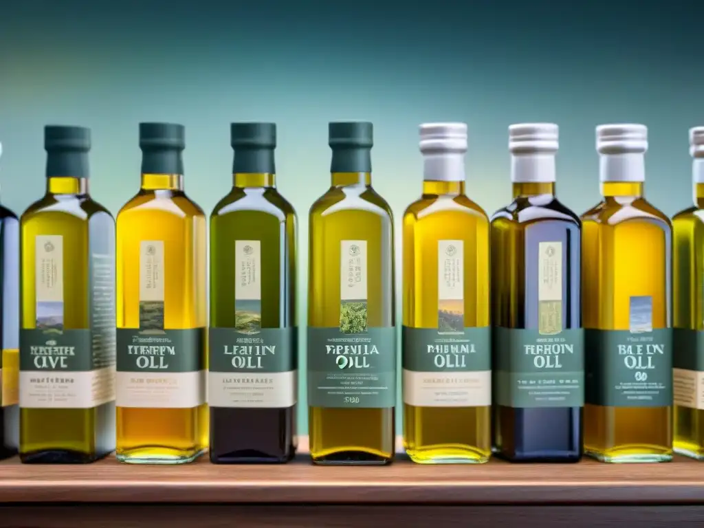Degustación de aceite de oliva premium de diversas regiones icónicas, mostrando colores y texturas únicas en elegantes botellas