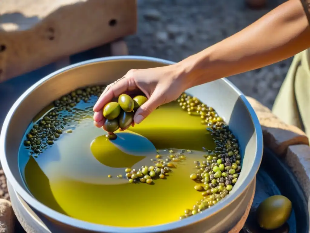 Extracción de aceite de oliva en prensa de piedra, reflejando frescura y pureza bajo el sol mediterráneo