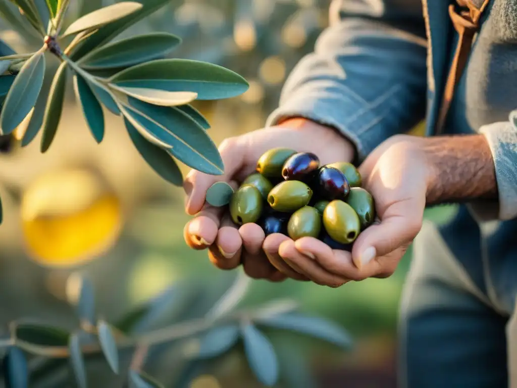 Recolección manual de aceitunas en un olivar italiano al atardecer, resaltando la fermentación en aceites italianos