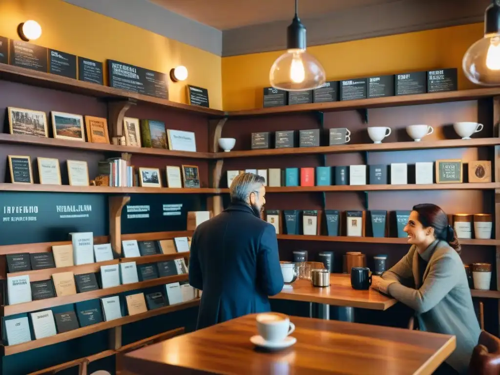 Un acogedor café italiano con escritores conversando rodeados de libros, tazas de café y decoración vintage